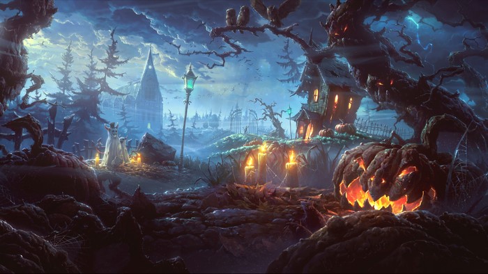 Haunted Halloween graveyard with jack-o'-lantern and ghost