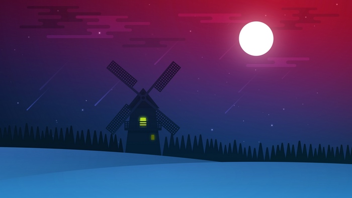 Minimalist Night Scene with Windmill and Moon 4K