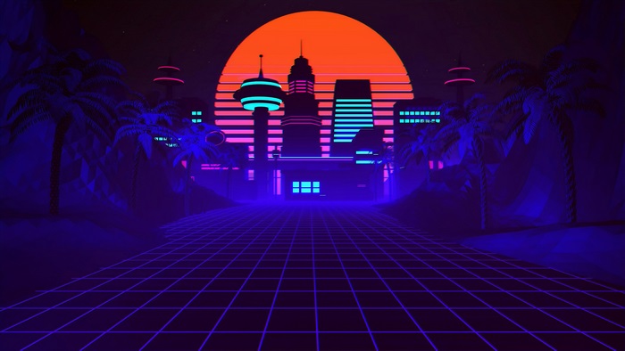 Retro Futuristic Cityscape at Night with Sunset