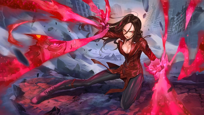 Scarlet Witch using red energy in a ruined city