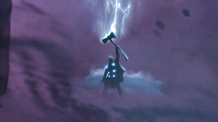 Thor from Marvel Comics with Mjolnir and lightning