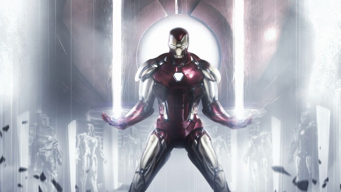 Iron Man in a futuristic chamber with other suits