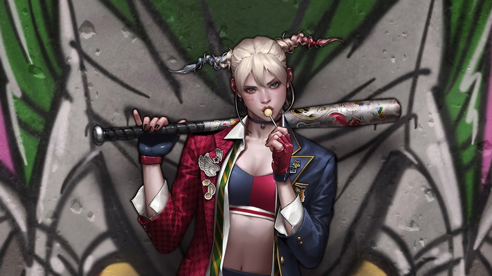 Harley Quinn with baseball bat and lollipop 4K
