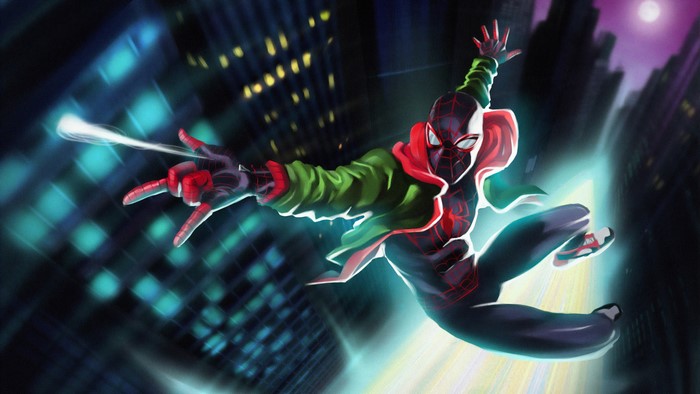 Miles Morales from Spider-Man swinging through city 4K