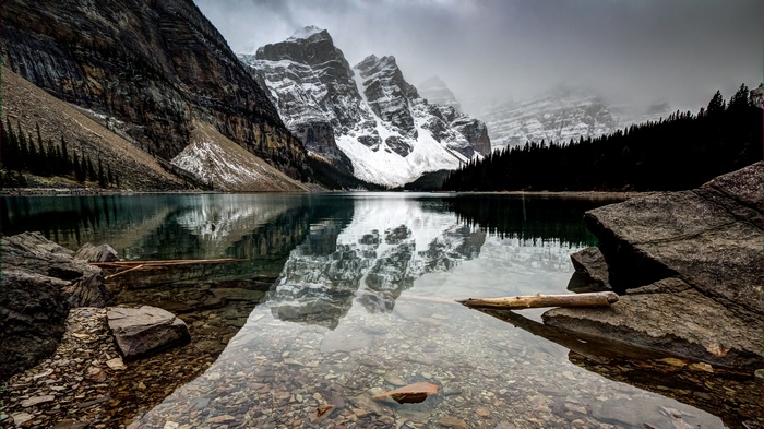 Moraine Lake with Snow-Capped Mountains and Forest