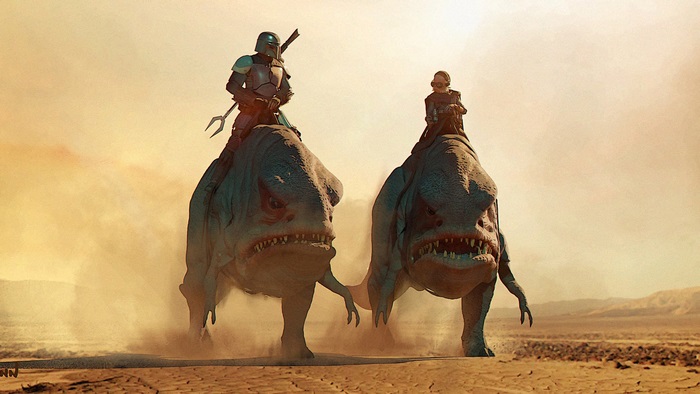 The Mandalorian and Grogu on Banthas in 4K