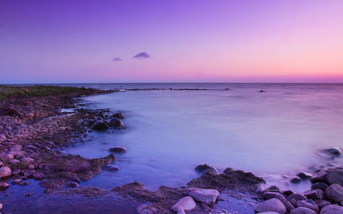 Rocky coastline at twilight with purple sky