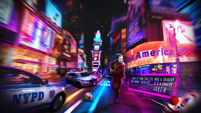 Joker from Batman running in Times Square 4K