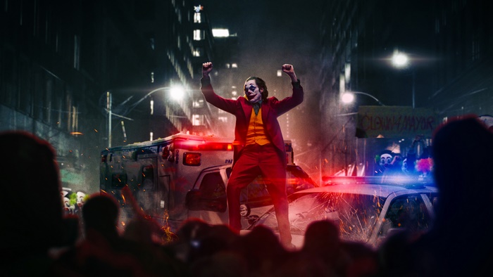 Joker dancing on police car in city street 4K