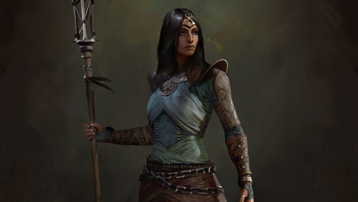 Woman with staff and ornate armor