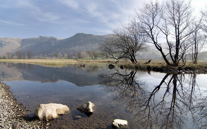 Bare trees reflected in a lake with mountains in the background