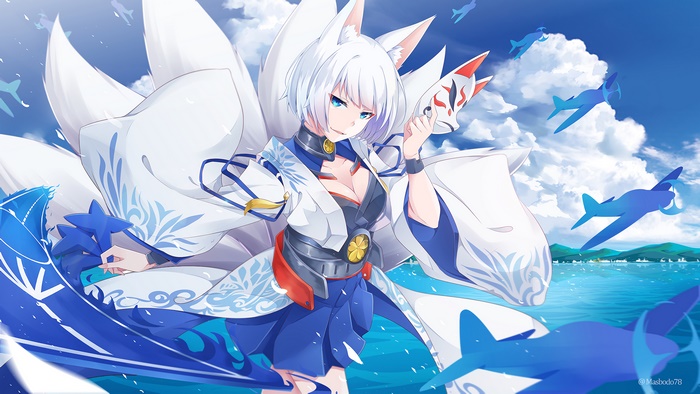 Kaga from Azur Lane with fox tails and planes