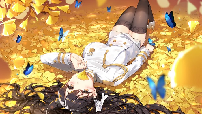 Atago from Azur Lane lying on ginkgo leaves with butterflies