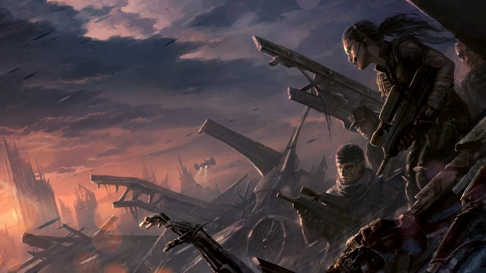 Soldiers in a destroyed futuristic city, Terminator Resistance, 4K