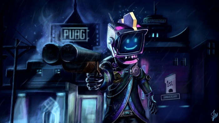 PUBG character with TV head holding a shotgun