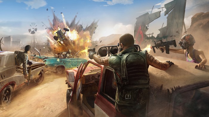 Post-apocalyptic combat with vehicles and explosions