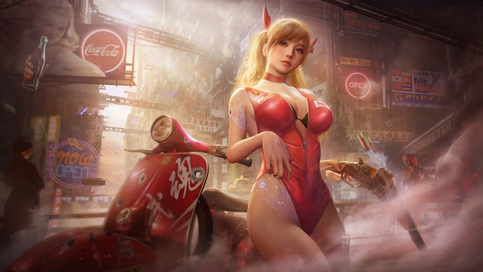 Cyberpunk, Beautiful, Girl, Motorcycle, 4K