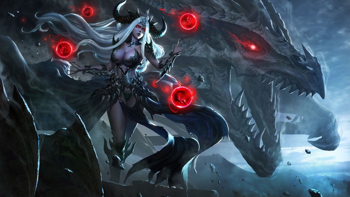 Dragon and demon woman with red orbs