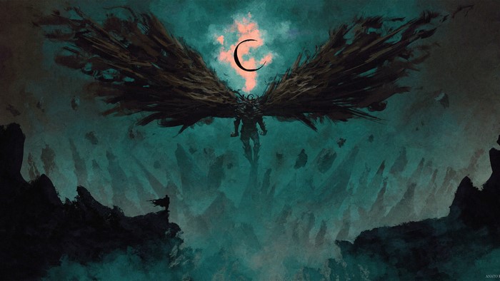 Dark Warrior with Wings and Crescent Moon 4K