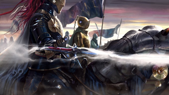 Knights in Armor on Horseback with Flags
