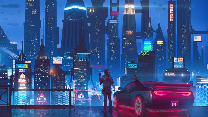 Cyberpunk, Night, City, Car, Buildings, 4K