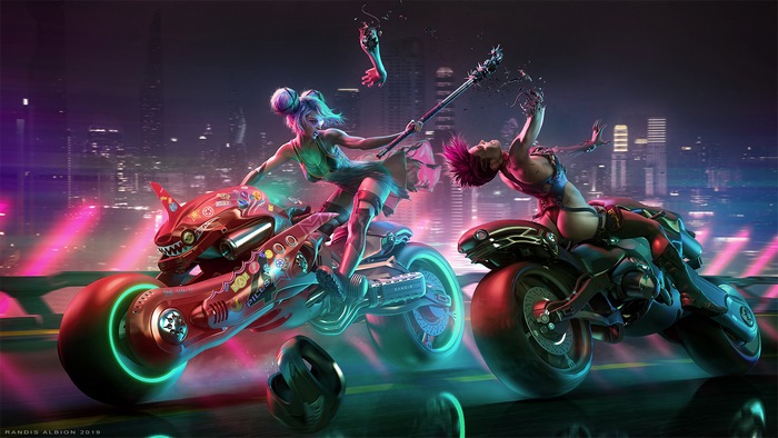 Cyberpunk Girls Battle on Motorcycles in City at Night 4K