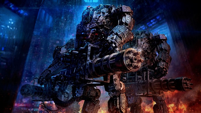 Sci-Fi Mech Robot with Gatling Guns 4K