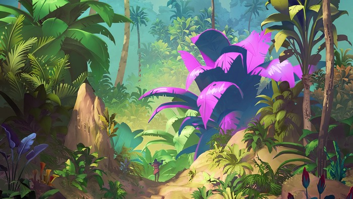 Fantasy jungle with vibrant plants and a person