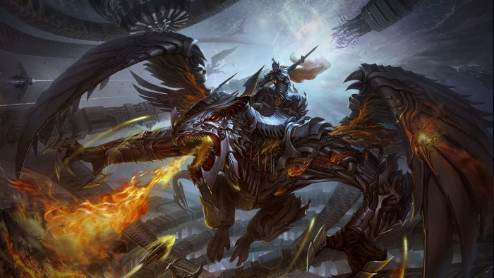 Warrior Riding a Mech Dragon Breathing Fire