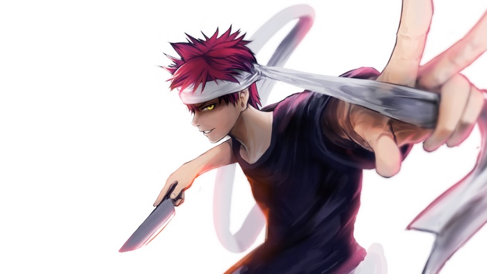 Soma Yukihira from Food Wars! holding a knife