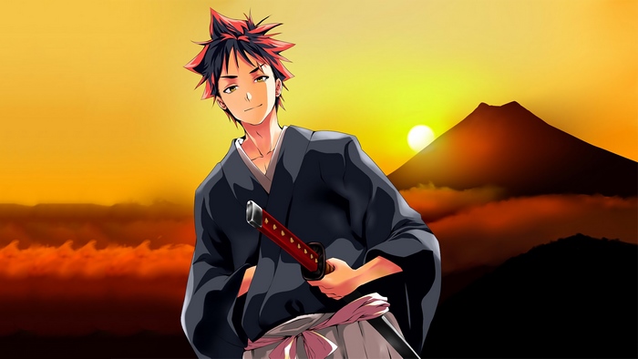 Soma Yukihira from Food Wars with a sword at sunset