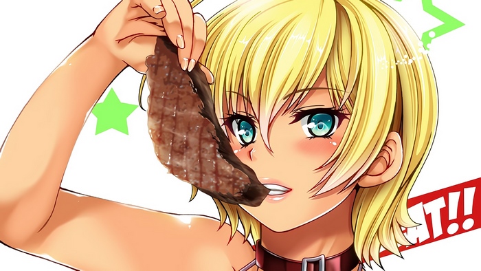 Ikumi Mito from Food Wars eating steak