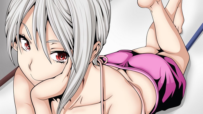 Anime girl with white hair and red eyes in pink bikini