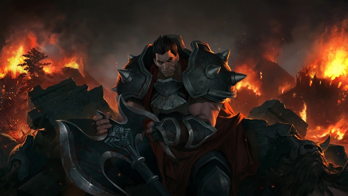 Darius from League of Legends in a burning landscape