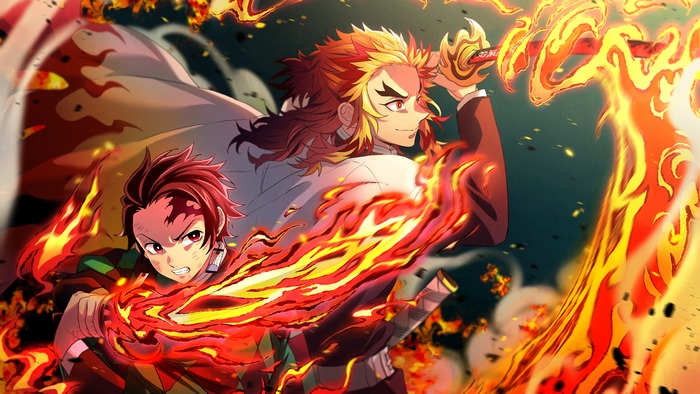 Tanjiro and Kyojuro Rengoku, Flames, Katana, Kimetsu no Yaiba, 4K