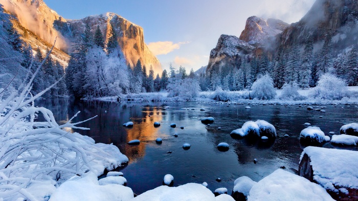 Snowy Yosemite Valley with Merced River