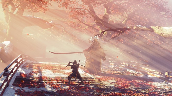 Sekiro: Shadows Die Twice - Wolf fights a boss on a bridge