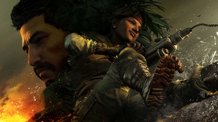 Woman with gun and man in jungle setting