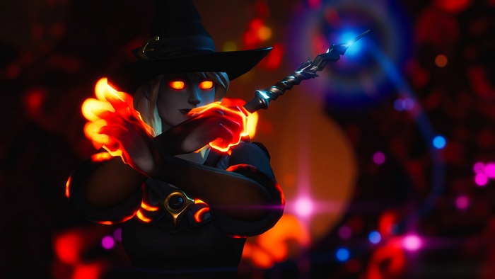 Fortnite Fire Witch with glowing eyes and wand
