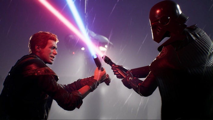 Cal Kestis from Star Wars Jedi: Fallen Order in a lightsaber battle