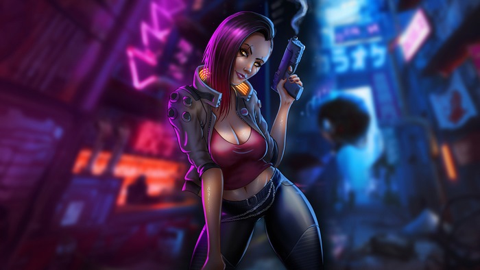Female V from Cyberpunk 2077 holding a gun