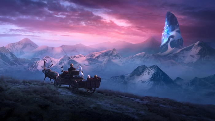 Elsa and Olaf in a sleigh pulled by Sven