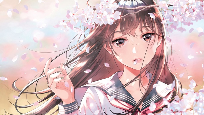 Student, Anime, Girl, Uniform, Cherry Blossom, 4K