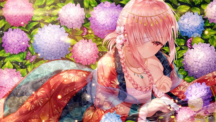 Anime Girl in Kimono with Pink Hair and Flowers 4K