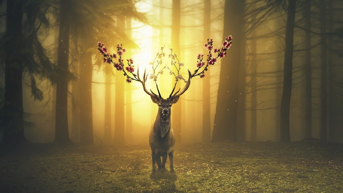 Deer with flowers on antlers in a forest
