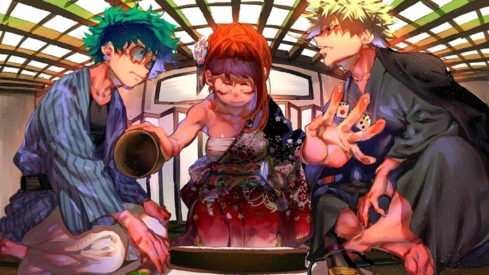 Izuku, Ochaco, and Katsuki from My Hero Academia in traditional Japanese attire