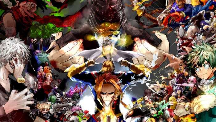 My Hero Academia characters in a chaotic battle scene