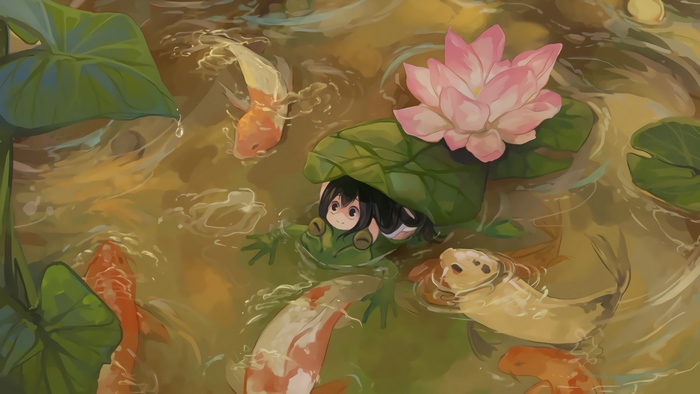 Tsuyu Asui from My Hero Academia in a pond with koi fish