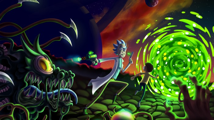 Rick and Morty fighting a monster through a portal