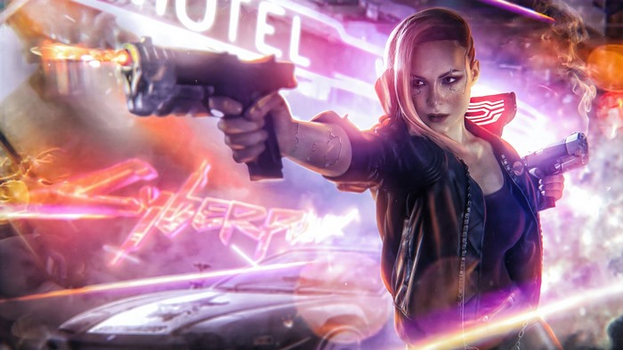 Female V from Cyberpunk 2077 with guns 4K